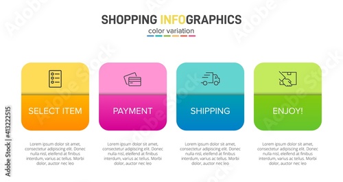 Concept of shopping process with 4 successive steps. Four colorful graphic elements. Timeline design for brochure, presentation, web site. Infographic design layout.