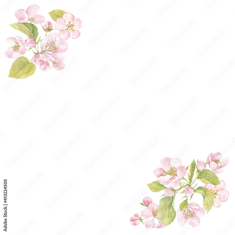 Floral watercolor arrangement with blooming apple tree branches on white. Invitation, greeting card or an element for your design. Corner composition.