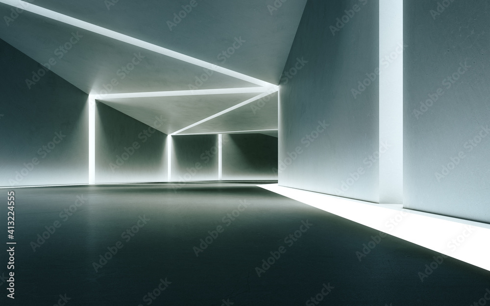 Abstract interior design 3D rendering of modern showroom. Empty floor for car park and concrete corridor background. Abstract interior design 3D rendering of modern showroom. Empty floor for car park and concrete corridor background.