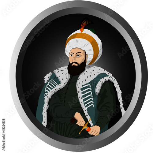 Vectoral illustration of Sultan Mehmed the Conqueror (Fatih Sultan Mehmed). Sultan Mehmed II was the Ottoman Sultan who conquered Istanbul/Constantinople.  Isolated in white background.  photo