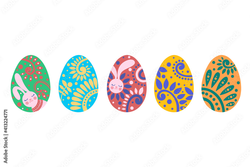 Set with five Easter eggs on a white background. Set with five Easter eggs on a white background.