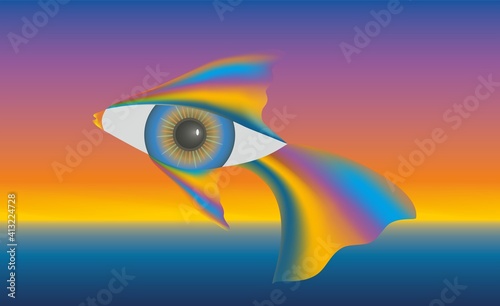 Tableau sur toile Surrealistic fish jumping and looking with human eye