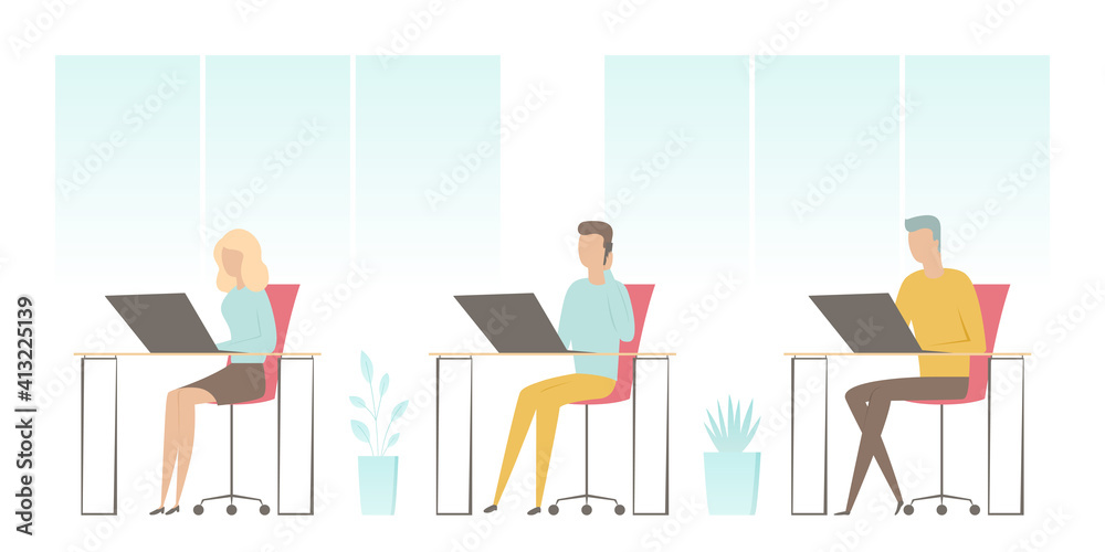 Office people working on laptops. Vector illustration.