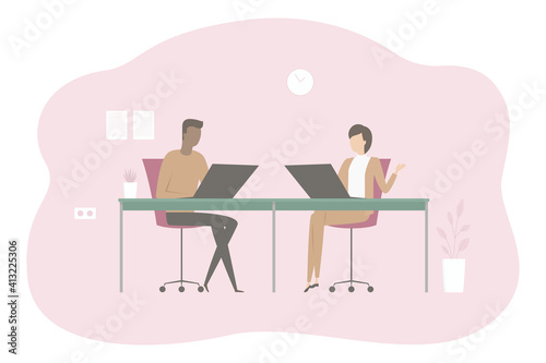 Employees working on laptops in office. Cartoon. Vector illustration.