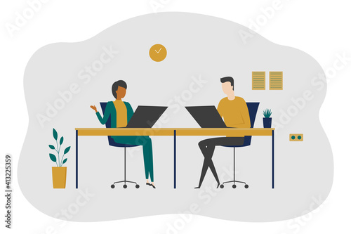 Office people working on laptops. Cartoon. Vector illustration.