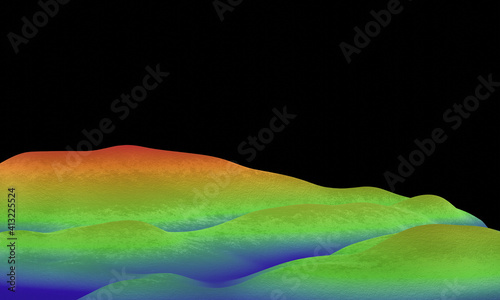 3D rendered topographic mountain. Show elevation color blue to red.