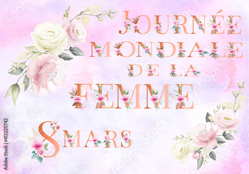 carte ou bandeau sur la journée mondiale de la femme le 8 mars en couleur abricot avec des fleurs sur un fond rose en dégradé et des guirlandes de fleurs blanche rose et verte