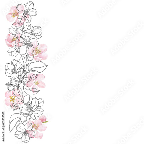 Floral background with blooming apple tree branches and place for text on white. Invitation, greeting card or an element for your design. Vertical composition with watercolor and outline elements. © maritime_m
