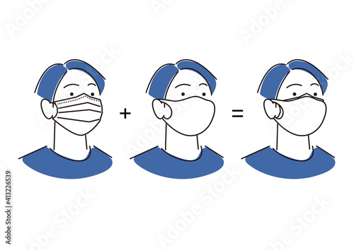 二重にマスクを着用している男性 シンプル イラスト ベクター