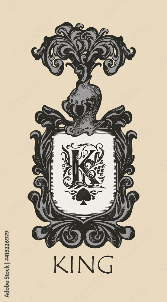 Vector banner with medieval coat of arms, hand-drawn shield, knightly helmet, ornate initial letter K and the word King. Great for luxury design of vintage emblem, logo, greeting card, playing card Vector banner with medieval coat of arms, hand-drawn shield, knightly helmet, ornate initial letter K and the word King. Great for luxury design of vintage emblem, logo, greeting card, playing card