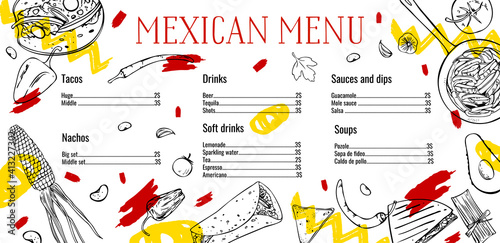 Mexican menu design template with list of dishes and drinks. Hand drawn vector illustrations of traditional dishes. Fajitas, taco, quesadillas. Black on white background with colorful graphic