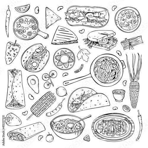 Set of national Mexican dishes. Tamale, tortilla, burrito, taco, fajitas, elote, pozole, con carne. Hand drawn outline vector sketch illustration. Black on white background