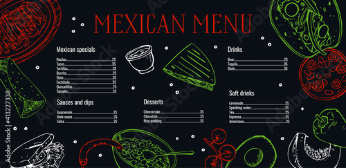 Mexican menu design template. List of dishes and outline illustrations. Hand drawn vector sketch graphic