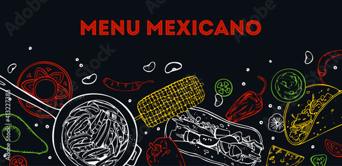 Menu Mexicano cover design template. Traditional dishes and vegetables. Burrito, fajitas, taco. Hand drawn vector sketch illustration