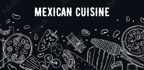 Mexican food. Menu design template. Dishes and vegetables. Soups, burrito, quesadilla, salsa. Hand drawn outline vector sketch illustration on black background