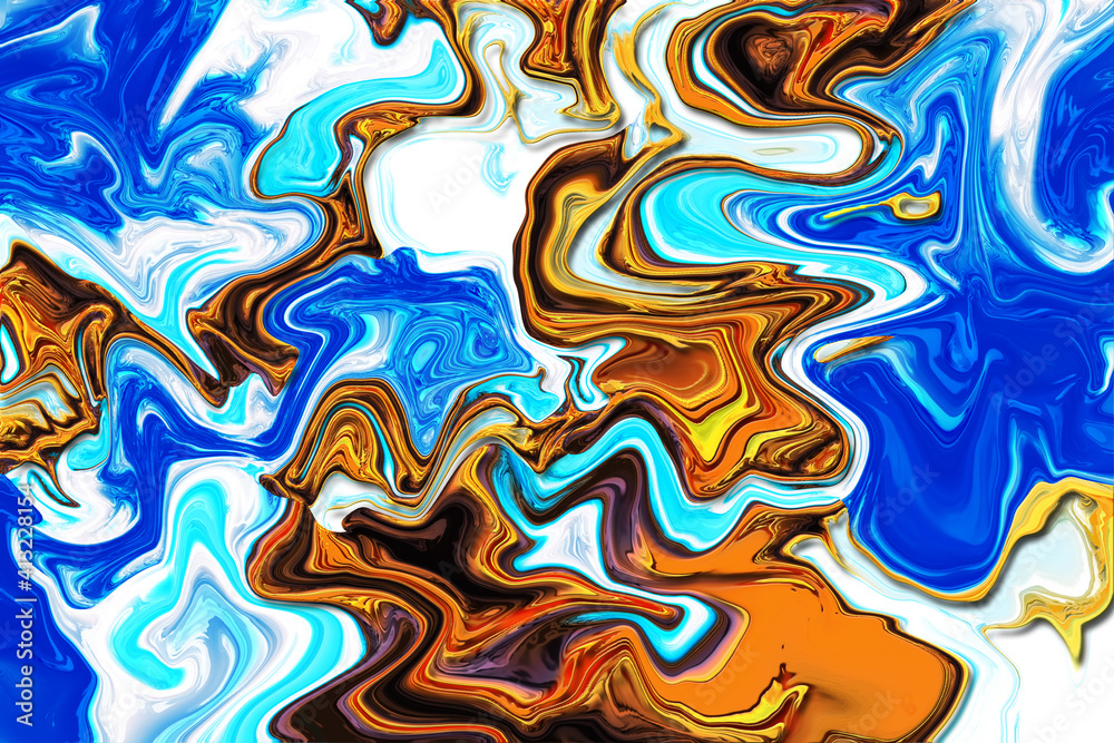 Ink marble color background. Trendy blue and brown splash design.
