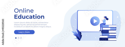 Online education concept. Vector layout for website page. Illustration in flat isometric style with people studying remotely. Front page layout for your design. Flat isometric vector illustration 