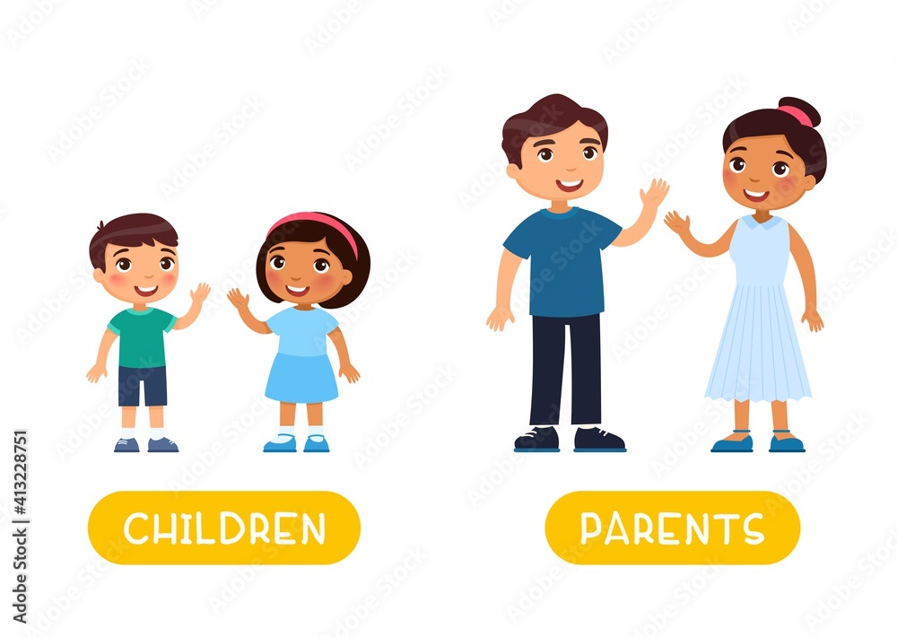 Children and parents antonyms word card, opposites templates. Flashcard for English language learning. . Children and parents antonyms word card, opposites templates. Flashcard for English language learning. .