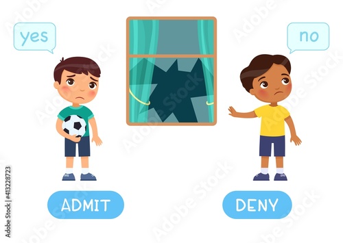 Admit and deny antonyms word card, Opposites concept with International kids. Flashcard for English language learning. Sad boy with a ball broke a window, the second child denies guilt.