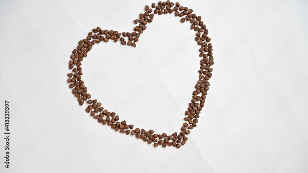 Dry food for dogs or cats flows down into a heart shape on a white backdrop. A woman puts a plate of food for pets Dry food for dogs or cats flows down into a heart shape on a white backdrop. A woman puts a plate of food for pets