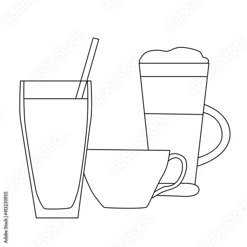 A set of espresso cups, cappuccino and latte mugs in the form of a contour vector illustration. Icon for the cafe or bar menu.
