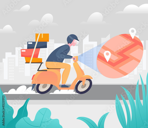 Fast express delivery service with courier scooter, shipping order