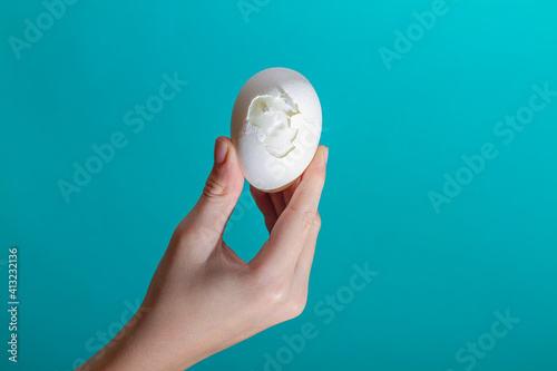 Fototapeta Naklejka Na Ścianę i Meble -  Hold in your hand a partially shelled chicken egg on a blue background