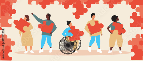 People puzzle, men, women, disabled person isolated, flat vector stock illustration as a concept of teamwork of multicultural society