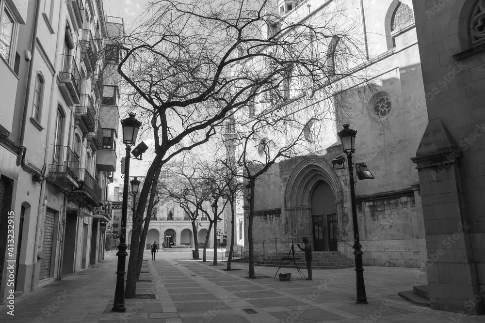 Castellón de la Plana, Valencian Community, Spain (Costa del Azahar). The beautiful Plaça Mayor (Plaza Mayor). Monochrome photography (black and white), old vintage photograph.