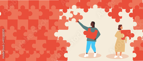 People puzzle, copy space template, flat vector stock illustration as a concept of teamwork with multiculturalism of men and women with puzzle