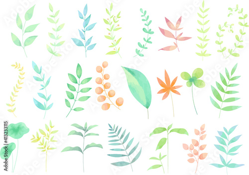 淡いパステルカラーのリーフ・植物のセット　線画無し　ベクター素材