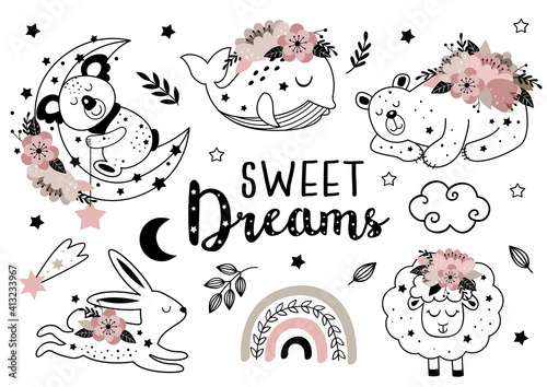 set of isolated sleeping flower animals
