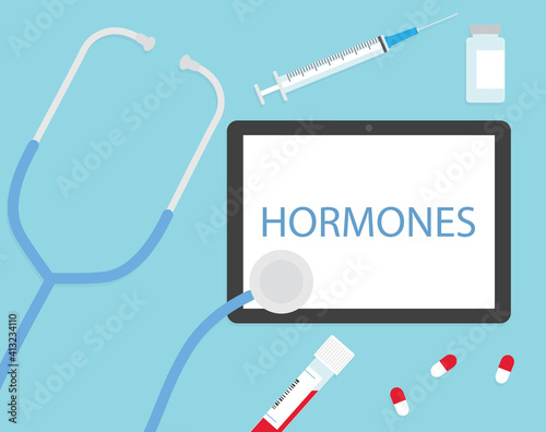hormones written on tablet screen and stethoscope- vector illustration