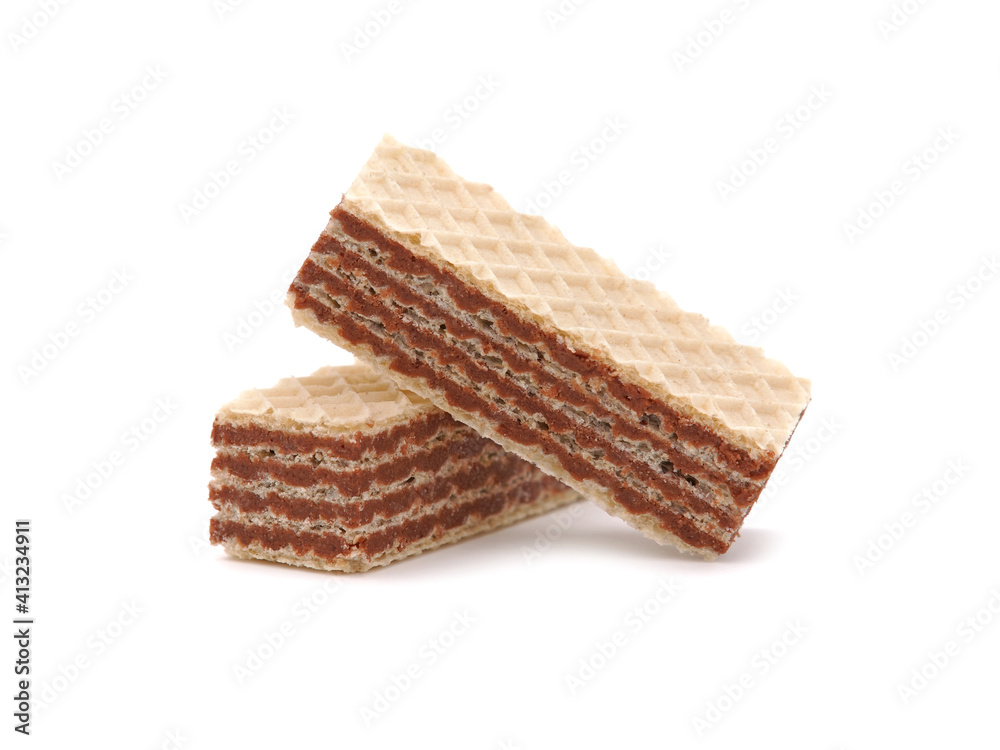 Wafer bars with cocoa cream filling isolated on white Wafer bars with cocoa cream filling isolated on white