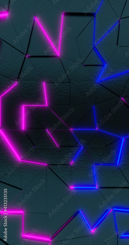 3d rendering. Geometric background with bright pink and blue neon elements. Phone background 3d rendering. Geometric background with bright pink and blue neon elements. Phone background