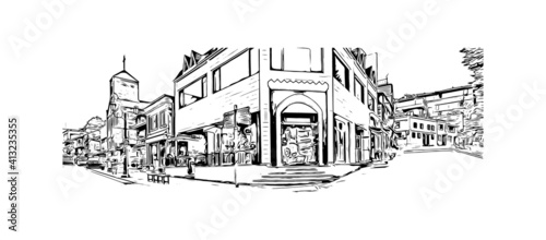 Building view with landmark of Incheon , Chinatown is Korea's only official Chinatown. Hand drawn sketch illustration in vector.