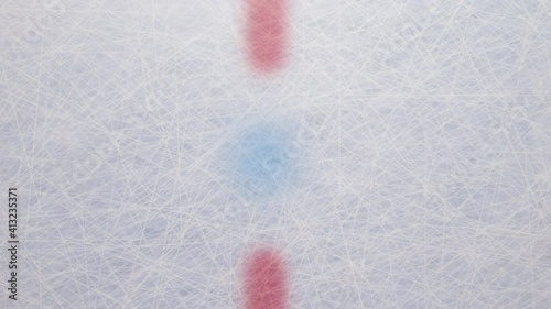 3d render Hockey Puck Drop animated puck drops from above and hits ice with two stick