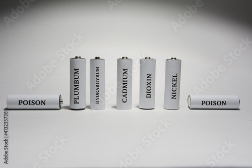Battery on a white background. Ecology. Harm to nature from batteries.