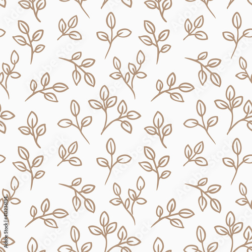 Seamless pattern with leaves. White background with twigs of tree. Hand drawn line sketch. Vector illustration 