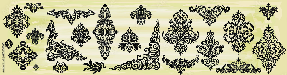 Set of Oriental vector damask patterns for greeting cards and wedding invitations. Set of Oriental vector damask patterns for greeting cards and wedding invitations.