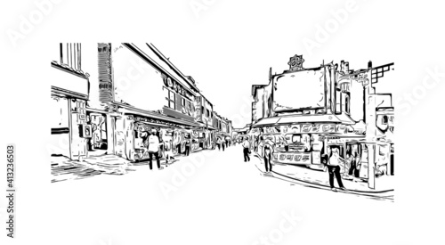 Building view with landmark of Incheon , Chinatown is Korea's only official Chinatown. Hand drawn sketch illustration in vector.