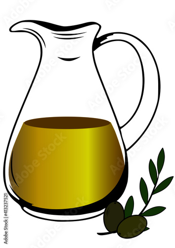 Glass jug with oil and olives with leaves on a branch. Stock vector illustration.