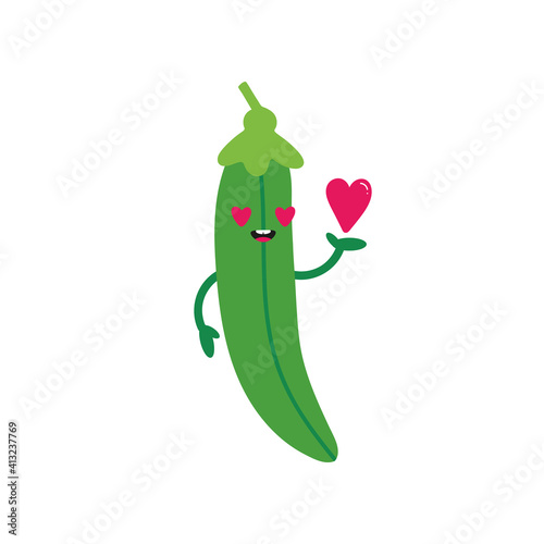 Cute cartoon style lovely green peas pod character holding in hand pink heart. Love, caring, appreciation concept.
