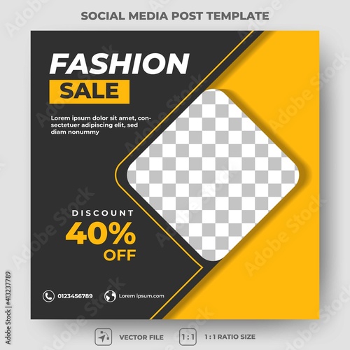 Editable square banner template. Social media post with black and yellow color background. Flat design vector with a photo collage. Usable for social media post, banner, and web internet ads.