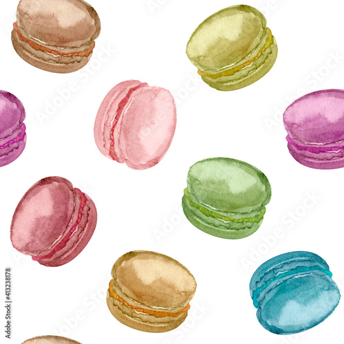 Macarons watercolor seamless pattern. Template for decorating designs and illustrations.