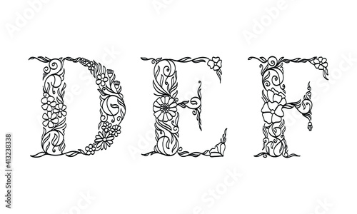 floral illustration alphabet d, e, f, vector graphic font made by flower and leaf plant creative hand drawn line art for abstract and natural nature style looks in unique monochrome design decoration