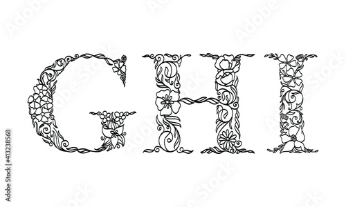floral illustration alphabet g, h, i, vector graphic font made by flower and leaf plant creative hand drawn line art for abstract and natural nature style looks in unique monochrome design decoration
