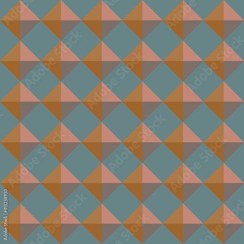 Vector 3D pyramid shaped stud seamless pattern background. Warm brown shaded studded diamond triangles on teal backdrop. Rich renaissance color geometric design. All over print for wellness concept