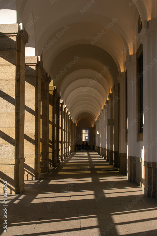 Long corridor of a museum on a sunny day