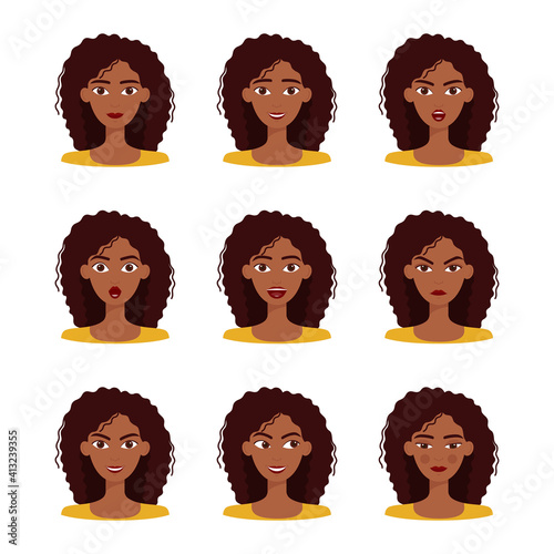 Set of emotions of beautiful dark skinned girl with dark hair. Set of different female emotions, vector illustration
